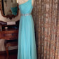 Elegantes, eisblaues One-Shoulder-Kleid mit Raffungen, Perlenbesatz und Schleppe – perfekt für Hochzeitsgäste und Dinnerpartys (NV6371)