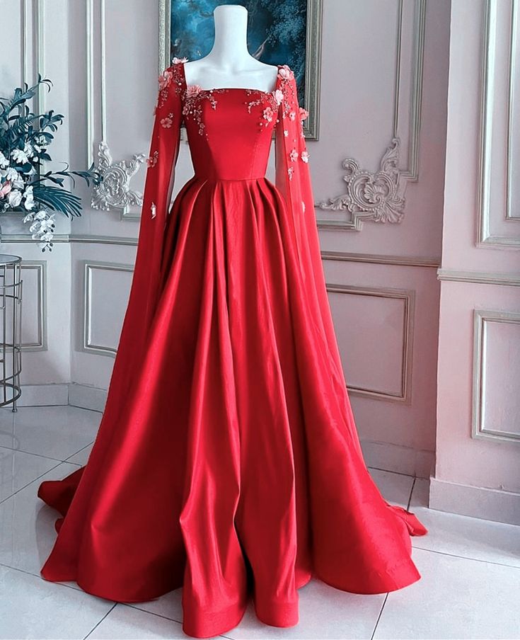 Red stylish elegant applique long satin ball gown evening dress nv2981