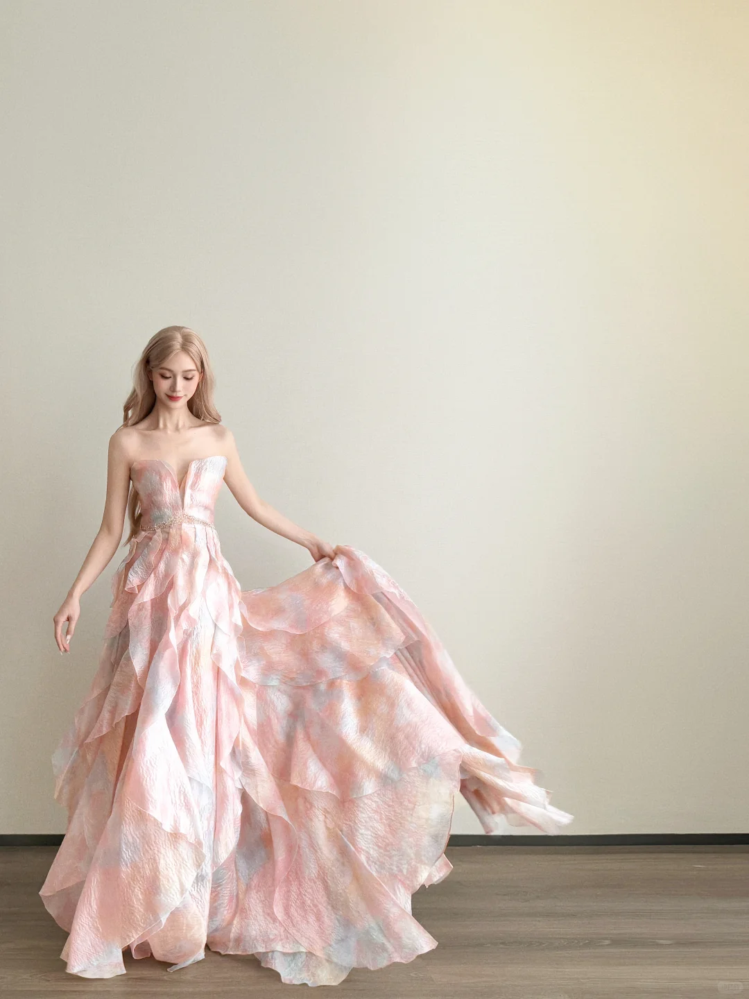 Strapless Watercolor Pink Prom Gown Beaded Waist Tiered Ruffle Shimmer Organza Evening Dress  NV7151