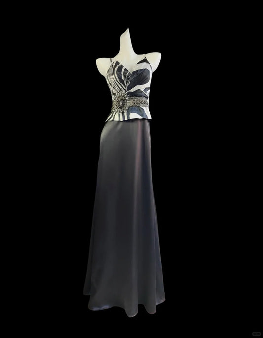Vintage black and white elegant spaghetti strap long satin prom dress evening dress nv5232