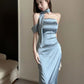 Light blue simple elegant charming one shoulder short sleeve off shoulder ribbon long ball gown evening dress party dress nv2389