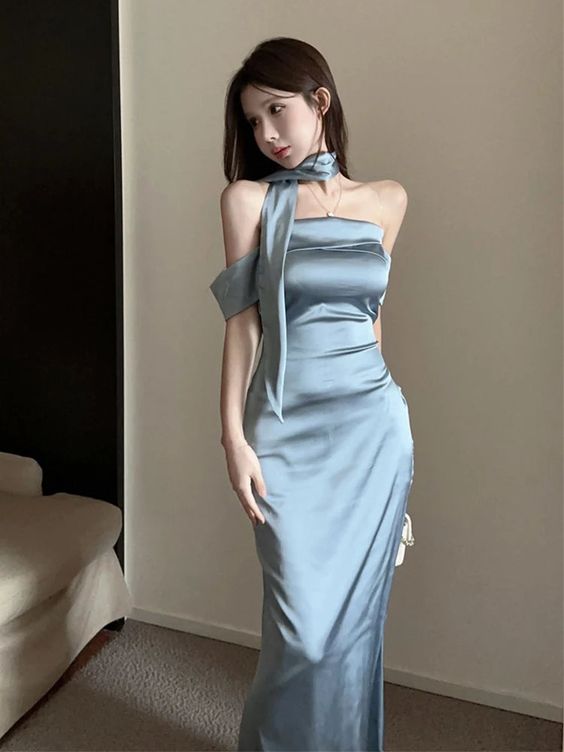 Light blue simple elegant charming one shoulder short sleeve off shoulder ribbon long ball gown evening dress party dress nv2389