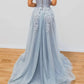 A-Linie Herzausschnitt Blau Lange Ballkleider, Blaues formelles Abschlusskleid nv1530