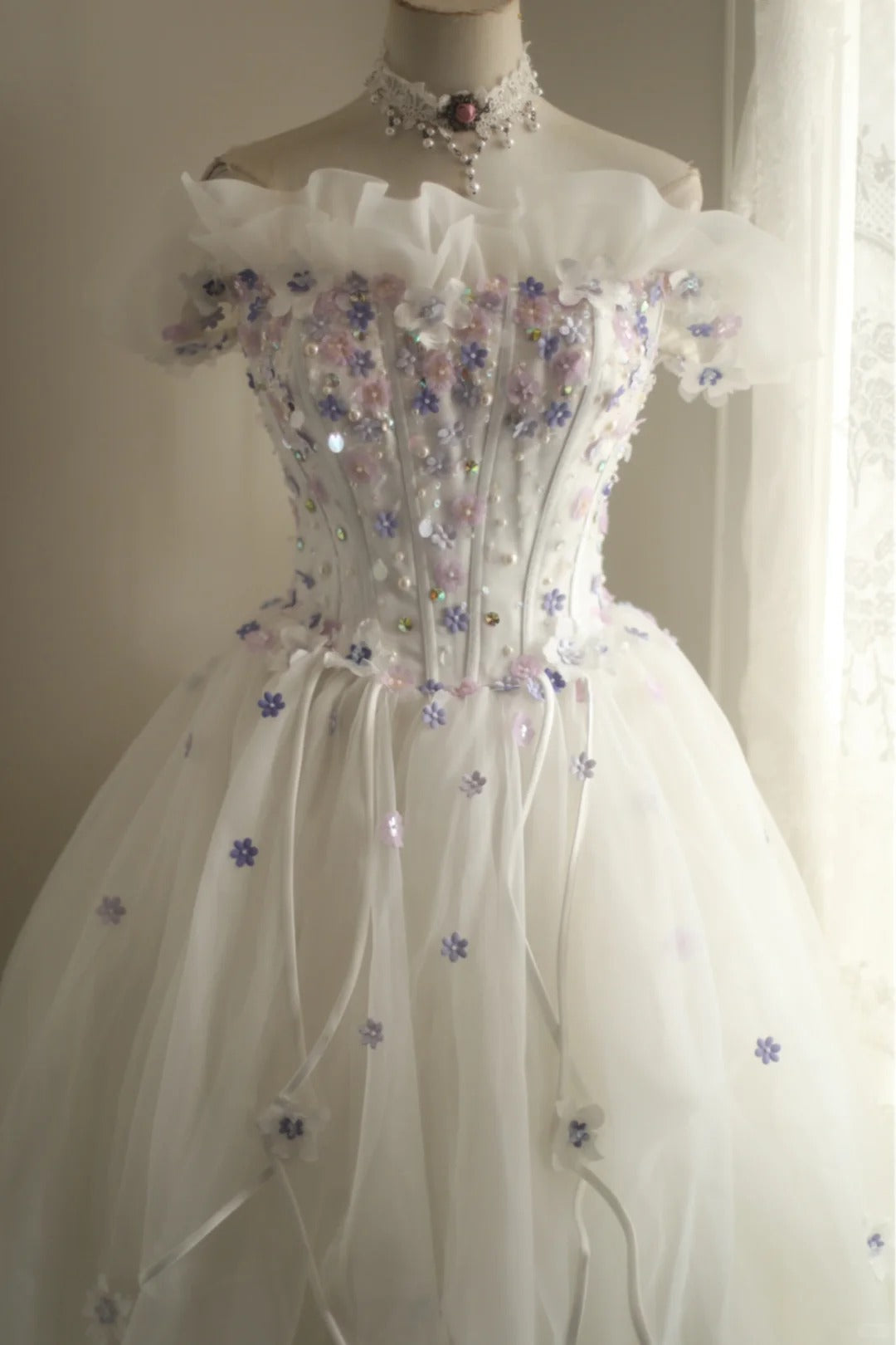 Robe de soirée longue en tulle à fleurs blanches et douces, robe de soirée nv4691