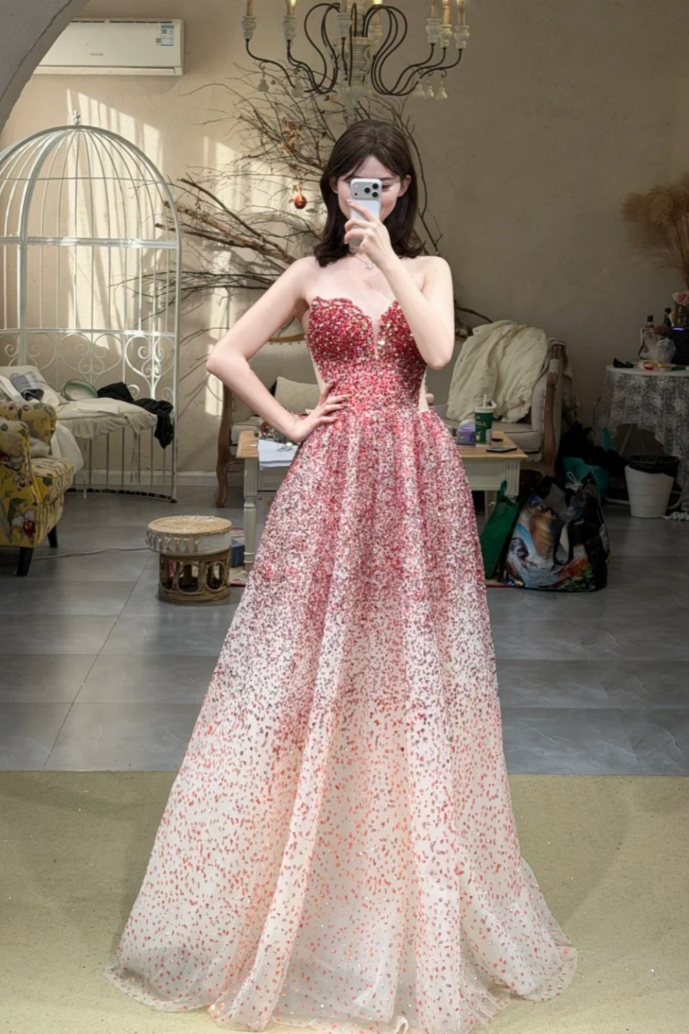 Robe de bal longue sans manches, style dégradé féérique | Robe de bal maxi en tulle à sequins rose poudré pour gala, fiançailles ou soirée de luxe NV6272