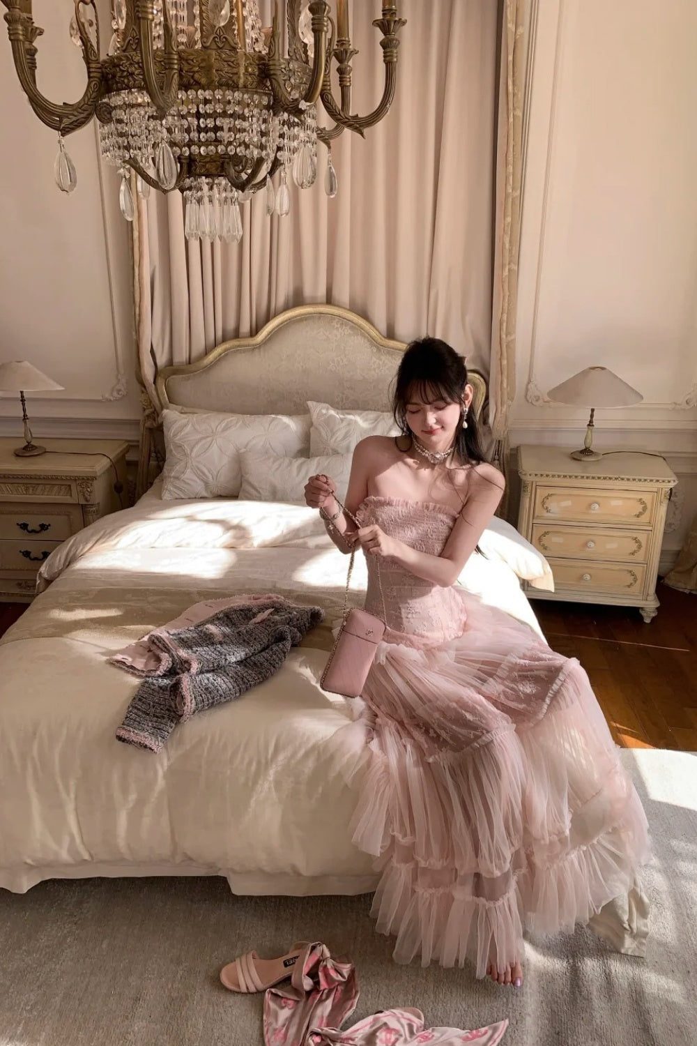 Langes, rosafarbenes Chiffon-Abendkleid NV6745