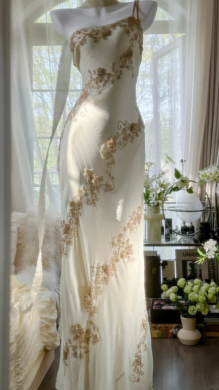 Robe de soirée vintage asymétrique en mousseline de soie, longue, ivoire, à perles, style vintage, robe de bal, robe de cocktail, robe de soirée, robe de bal, nv4904
