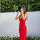 Rotes, modisches Spaghettiträger-Langchiffon-Rüschen-Ballkleid-Abendkleid-Partykleid nv3544