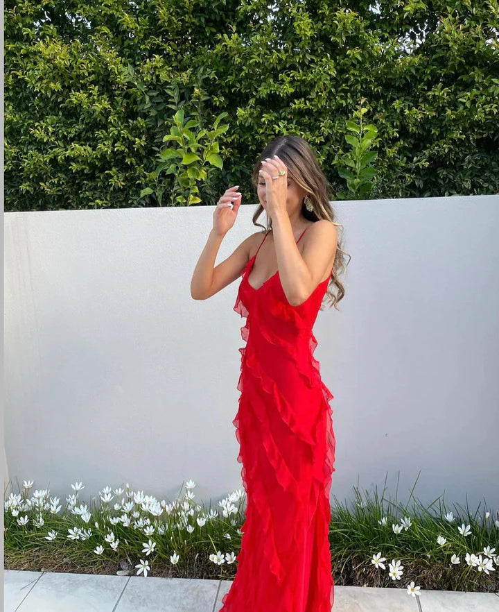 Rotes, modisches Spaghettiträger-Langchiffon-Rüschen-Ballkleid-Abendkleid-Partykleid nv3544
