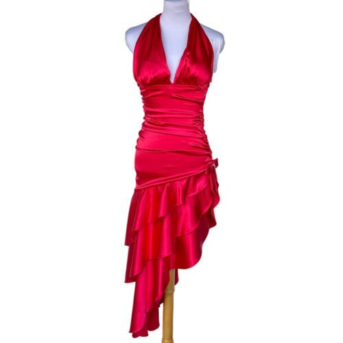 Robe de soirée longue rouge en satin à volants, sans bretelles, à la mode, nv3608