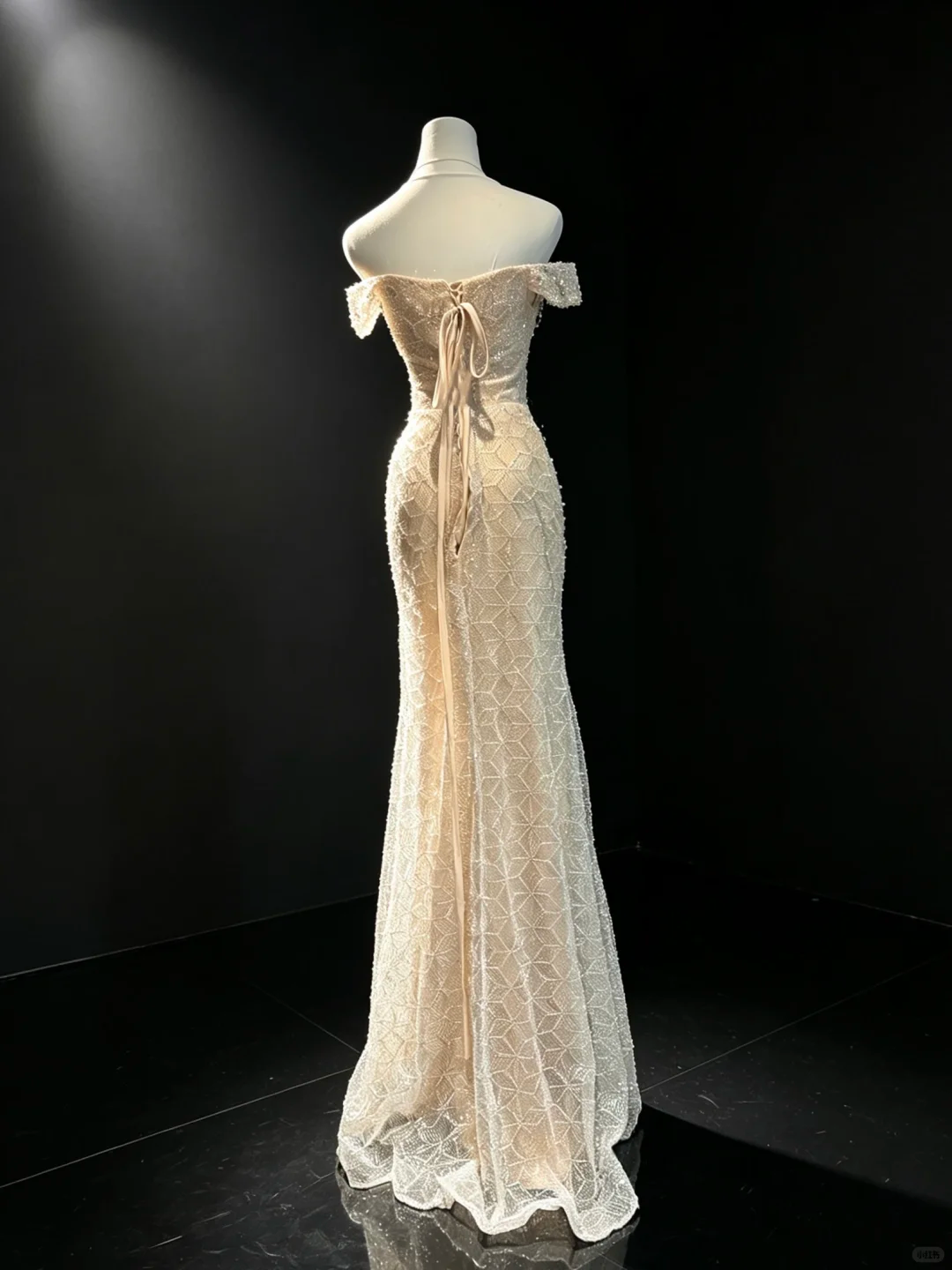 Champagne Off Shoulder Mermaid Dress Short Sleeve Hand Beaded Long Train Formal Prom Gown  NV6946
