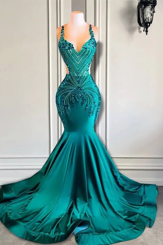 Emerald Green Sleeveless Mermaid Long Slim Fit Ball Gown Evening Dress Beaded Crystal nv2835