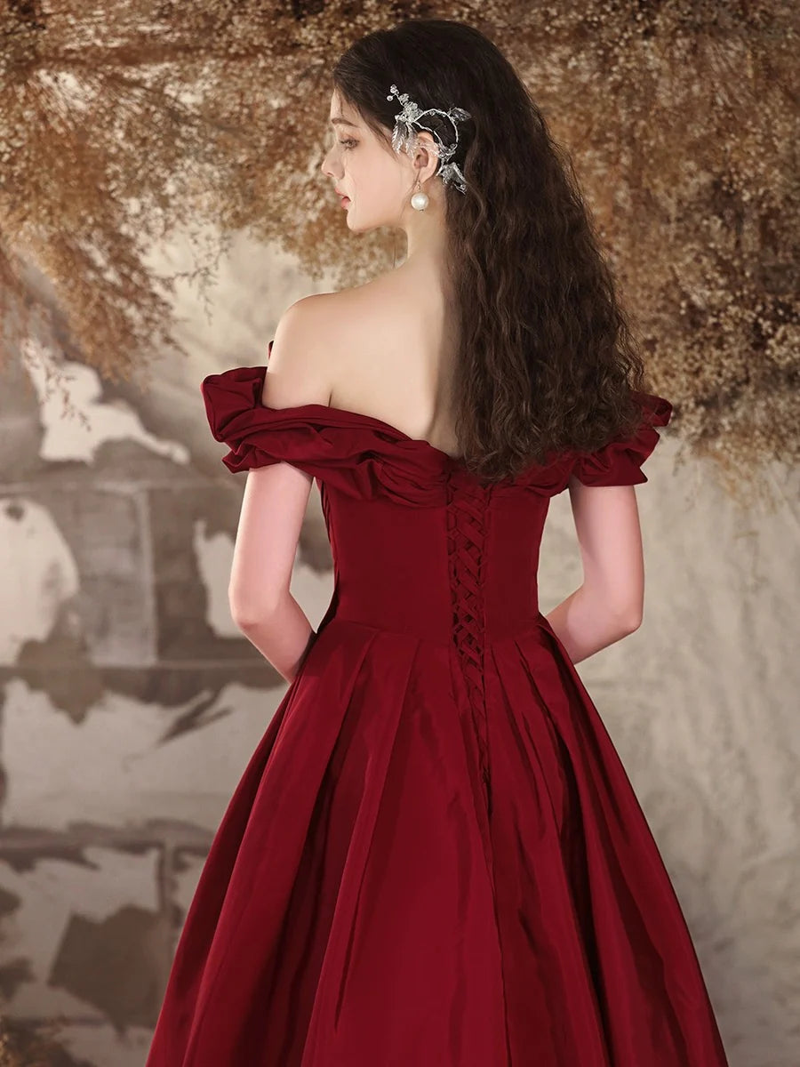 A-Linie, schulterfrei, Satin, Burgunderrot, langes Ballkleid, Burgunderrot, langes Abendkleid, nv1605