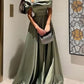 Green A-line elegant short sleeve off-shoulder satin pleated dress formal floor-length ball gown evening gown party dress nv2466