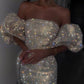 Robe de soirée courte élégante à manches courtes bouffantes à paillettes argentées/dorées nv2664