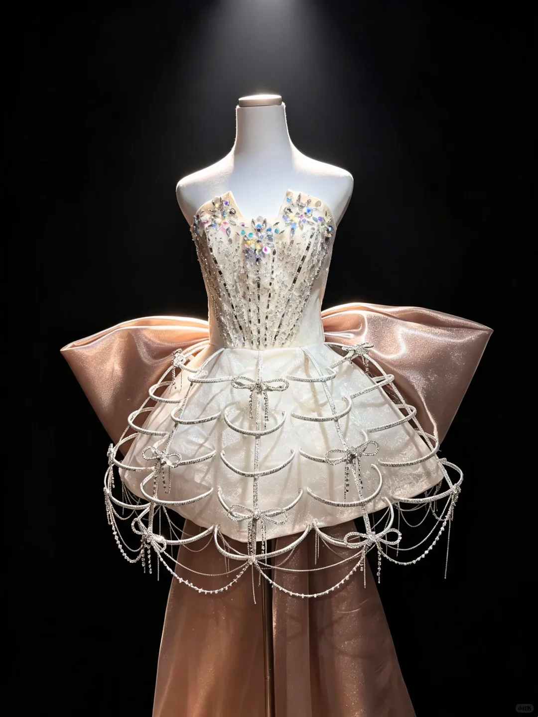 Ivory Strapless Sweetheart Cage Skirt Dress Crystal Chain Tassel Big Champagne Bow Back Runway Prom Gown  NV6934