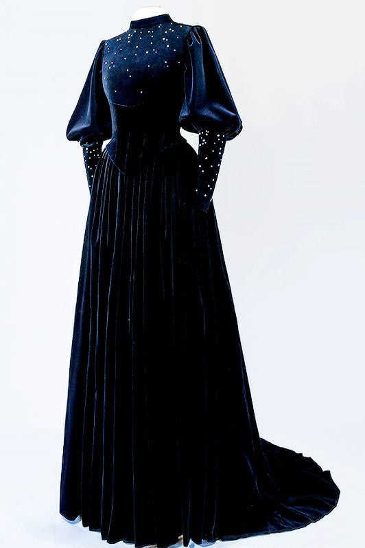 Navy blue vintage elegant half turtleneck exquisite beaded long velvet ball gown evening dress nv3376