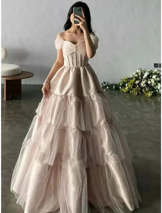 Pink Sweetheart Neck Short Sleeve Off-the-shoulder Long Tulle Evening Dress Princess Dress Formal Floor-length Satin with Pleats nv3151