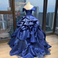 Royal Blue Off Shoulder Princess Ball Gown Puff Sleeve Beaded Embroidery 3D Flower Ruffled Satin Tulle Long Evening Gown  NV6999