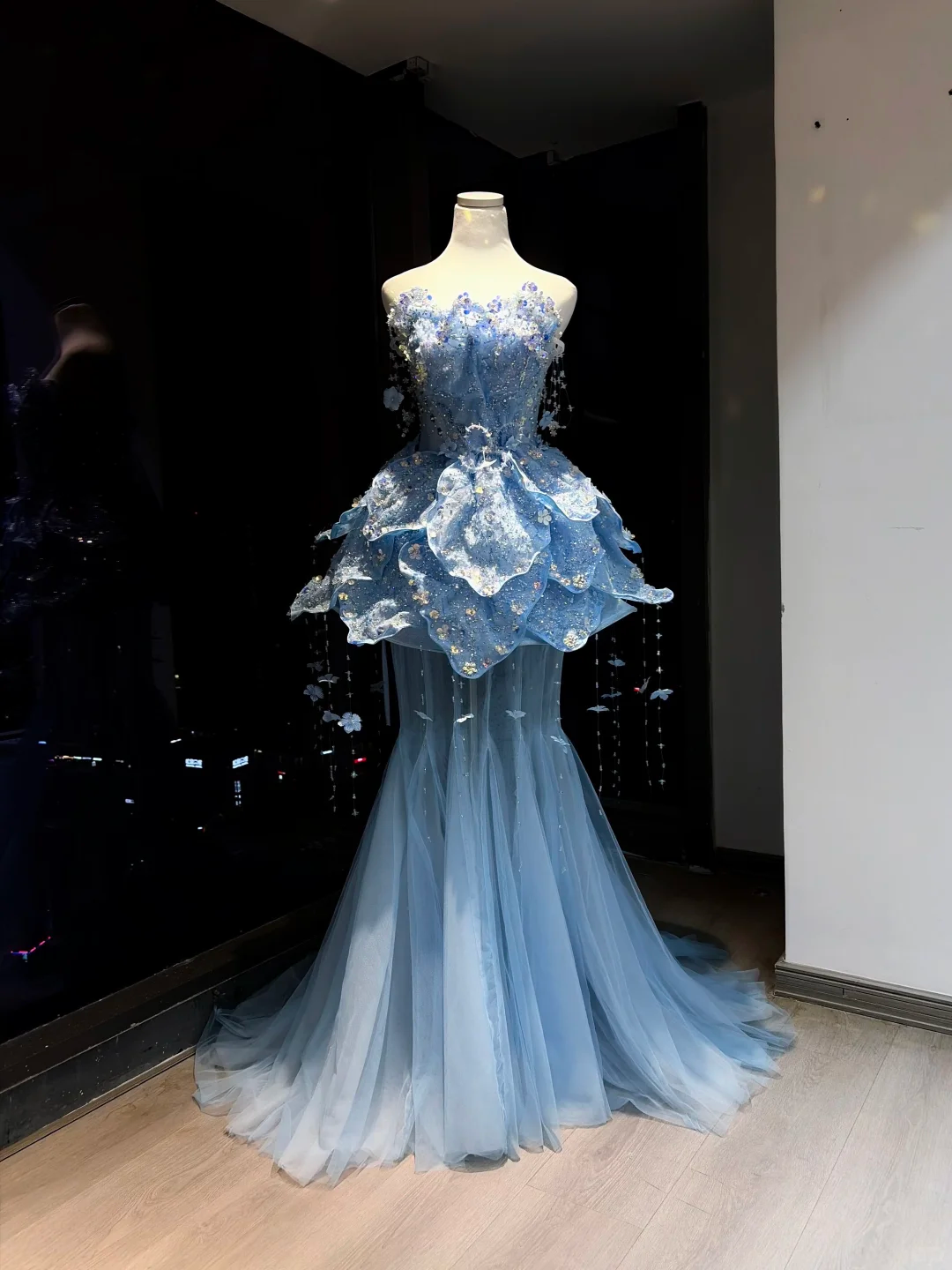 Sky Blue Strapless Mermaid Formal Gown 3D Floral Beaded Ruffle Tulle Evening Dress  NV6963