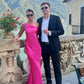 Pink simple and elegant one-shoulder fashion wedding guest dress long satin ball gown evening dress nv2647