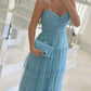 Light Blue Simple Elegant Sweetheart Spaghetti Strap Chiffon Layered Long Ball Gown Evening Dress Party Dress nv2484