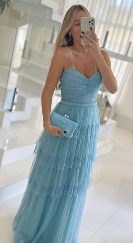 Light Blue Simple Elegant Sweetheart Spaghetti Strap Chiffon Layered Long Ball Gown Evening Dress Party Dress nv2484