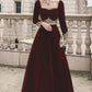 Burgundy Elegant Vintage Impressive A-Line Velvet with Appliques Long Sleeves Floor Length Round Neck Fall Long Prom Dress Formal Evening Dress Christmas Dress Halloween Wedding Guest Party Dress nv2568