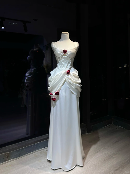 White Satin Corset Evening Dress, Spaghetti Strap Gown with 3D Burgundy Roses & Ruched Detail  NV7083
