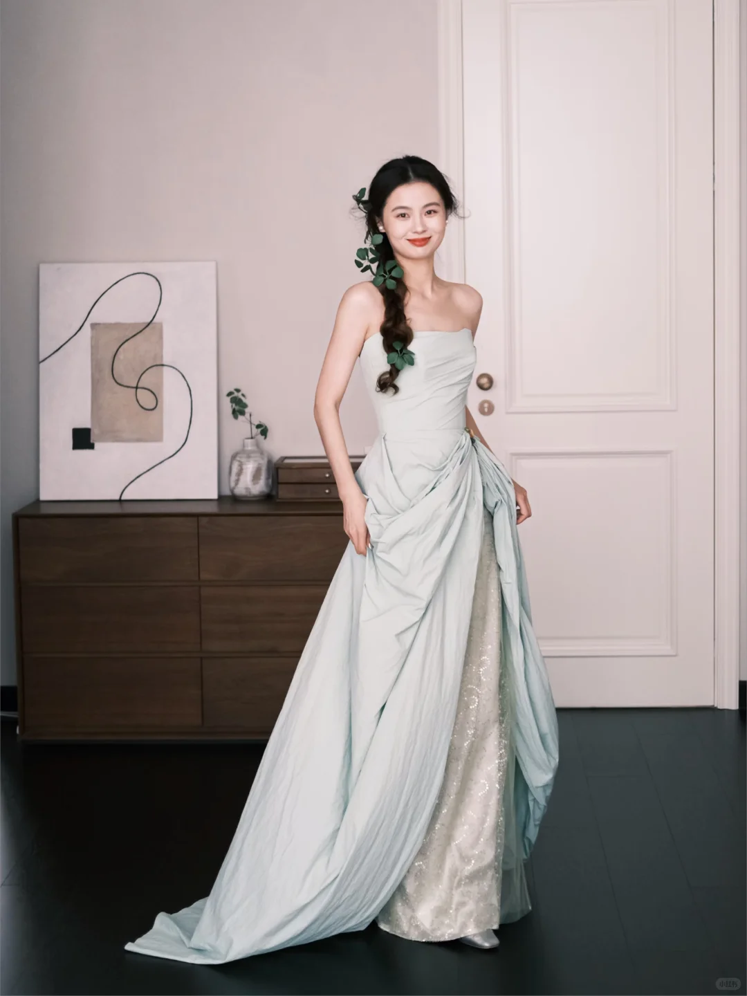 Strapless Ruched Evening Gown Mint Green Draped Overlay Sequin Prom Dress  NV7251