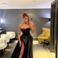 Black fashion unique design spaghetti straps long slit sexy satin ball gown evening dress nv2957