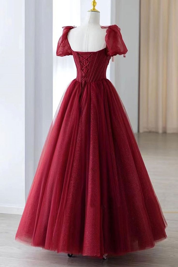 Red elegant beaded short sleeve long tulle ball gown evening dress nv3003