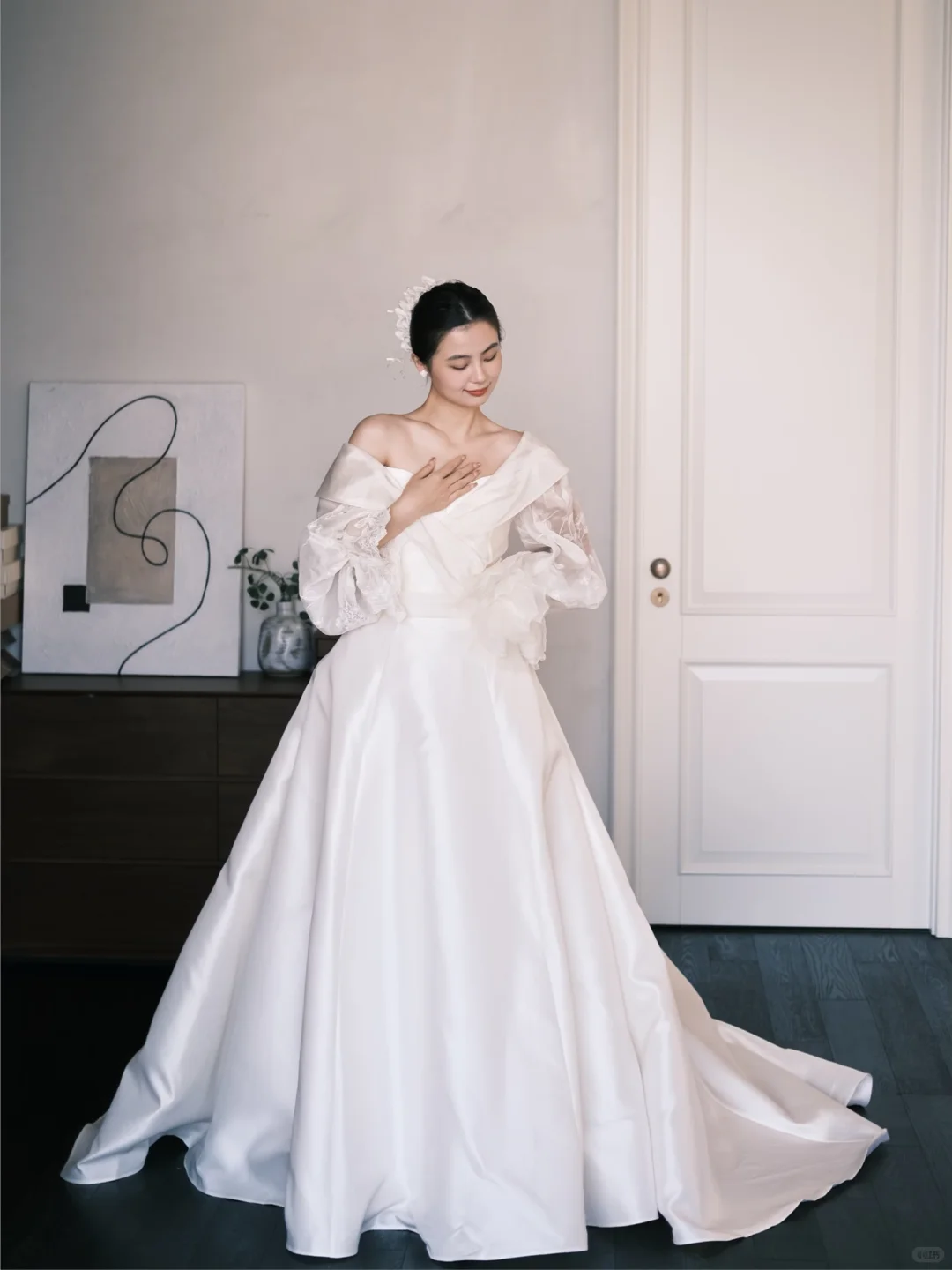 Off Shoulder Fold Satin Ballgown Wedding Dress with Lace Puff Sleeves  NV7368