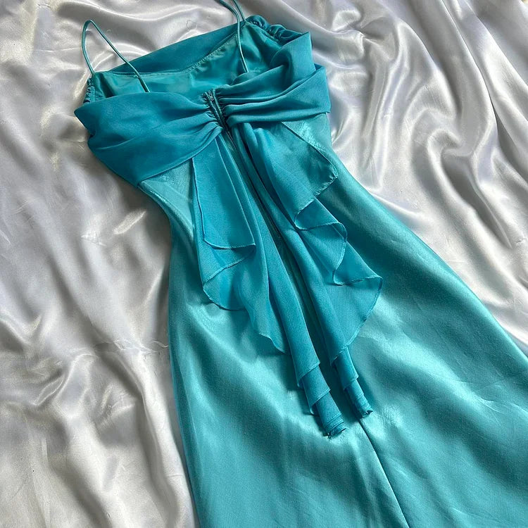 Robe de soirée élégante en mousseline de soie, longue, bretelles spaghetti, bleue, mode, robe de bal, robe de soirée, nv3683