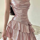 Süße Spaghettiträger Rüschen kurze Satin Mädchen Mini Homecoming Kleid Partykleid nv5438
