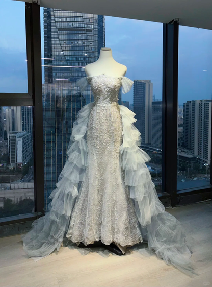 Silver White Off Shoulder Mermaid Formal Gown Beaded Sequin Side Ruffle Tulle Long Train Evening Dress  NV6971