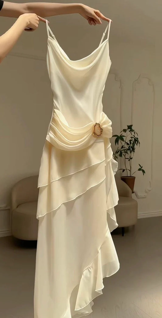 Ivory White Vintage Spaghetti Strap Long Chiffon Ball Gown Evening Dress Party Dress nv4161