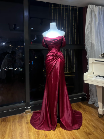Burgundy Off Shoulder Mermaid Evening Dress, Draped Ruched Shimmer Gown With Train  NV7089