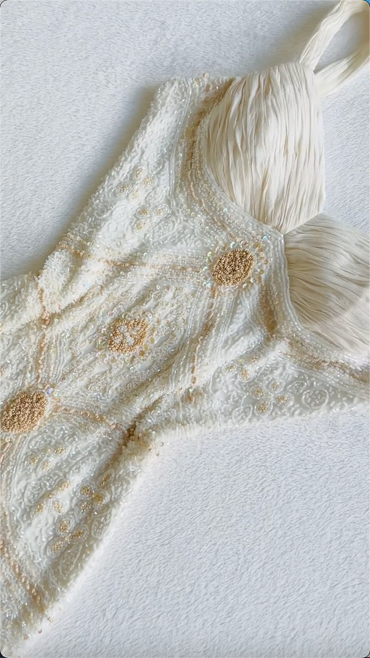 Robe de soirée longue en dentelle, style vintage, élégante et raffinée, avec perles, style ivoire, nv3566