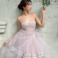 Robe de soirée courte en tulle à bretelles spaghetti rose nv3012