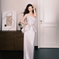 Strapless Silver Butterfly Beaded Evening Gown, Tweed & Satin Formal Prom Dress  NV7297