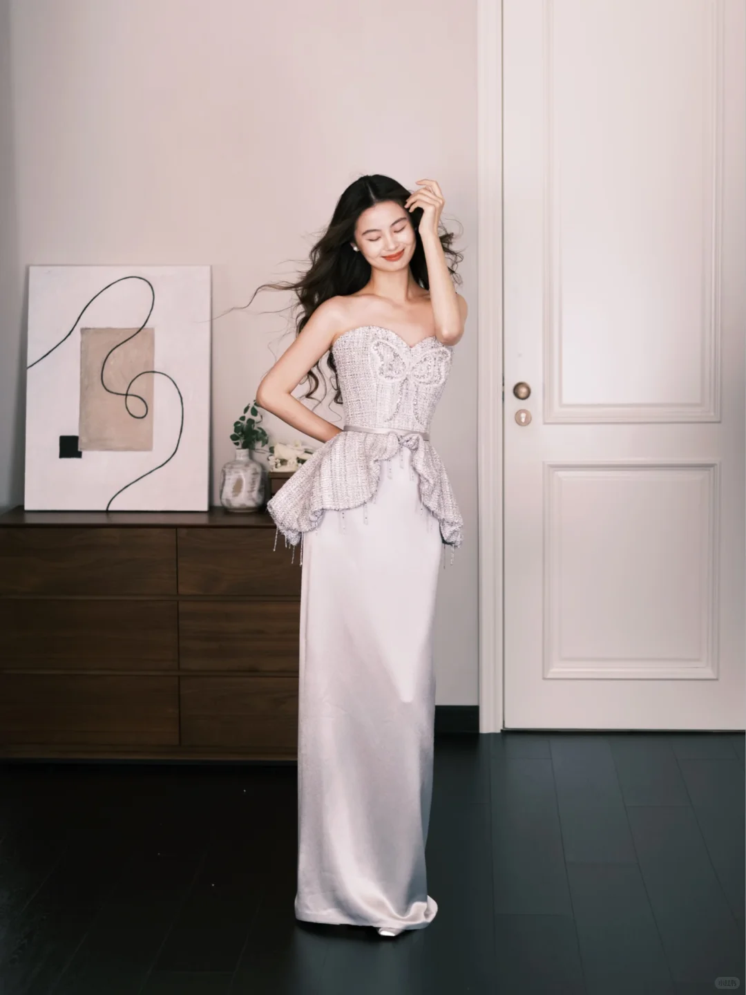 Strapless Silver Butterfly Beaded Evening Gown, Tweed & Satin Formal Prom Dress  NV7297