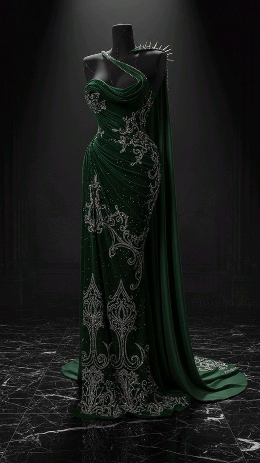 Robe longue asymétrique vert émeraude à traîne sirène, style rétro, ornée de perles et de broderies, idéale pour un gala sur tapis rouge (NV6290)