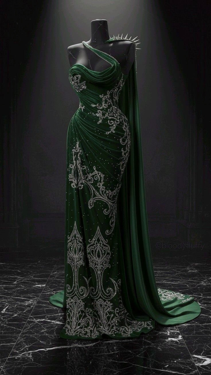 Dunkles, luxuriöses, avantgardistisches One-Shoulder-Abendkleid | Smaragdgrünes, perlenbesetztes, besticktes Maxikleid mit Meerjungfrauen-Schleppe und Cape für Galas, Red Carpet und Retro-Mottopartys NV6290