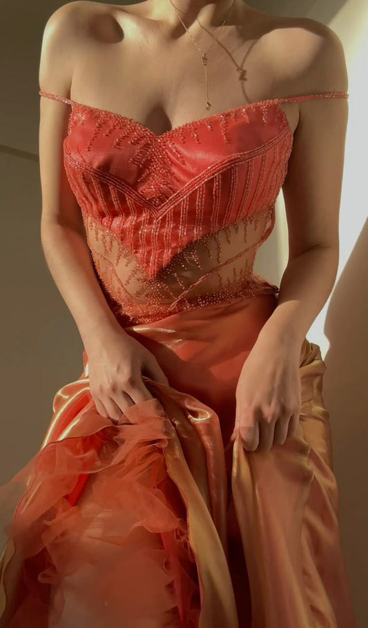 Orange Perlenbesetztes langes Satin-Ballkleid, Abendkleid, Partykleid, nv4589