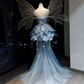 Sky Blue Strapless Mermaid Formal Gown 3D Floral Beaded Ruffle Tulle Evening Dress  NV6963