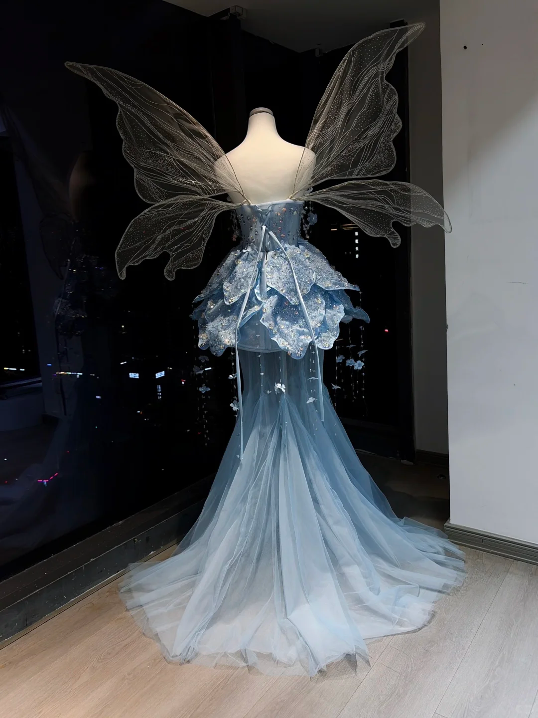 Sky Blue Strapless Mermaid Formal Gown 3D Floral Beaded Ruffle Tulle Evening Dress  NV6963