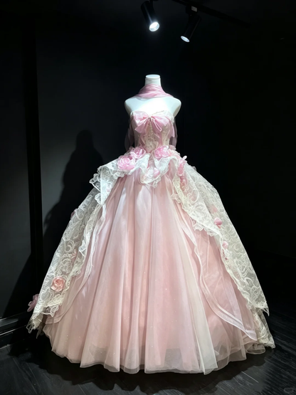 Pink Strapless Ball Gown Satin Bow Lace Corset 3D Floral Lace Overlay Tulle Fairy Prom Dress  NV6944