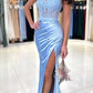 Blue V-neck beaded satin lace mermaid long prom dress graduation dress evening dress nv1606