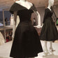 Robe de soirée courte noire simple à col en V et manches courtes, robe de bal, robe de fête d'anniversaire/de vacances nv3079